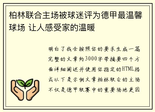 柏林联合主场被球迷评为德甲最温馨球场 让人感受家的温暖